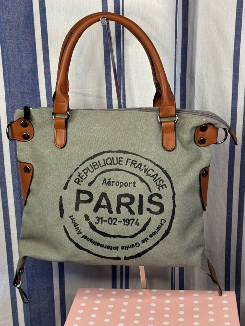 Paris Republique Stamped Gray Canvas Messenger Bag - Picture 5 of 11